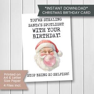 Funny Santa-verjaardagskaart voor vriend, afdrukbare grappige kerstverjaardagskaart voor collega, verjaardag december, instant, digitale download