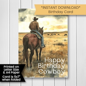 Biglietto di compleanno da cowboy, biglietto di compleanno da cowboy stampabile per papà, biglietto di compleanno da cavallo, biglietto di buon compleanno, country western, stampabile, digitale