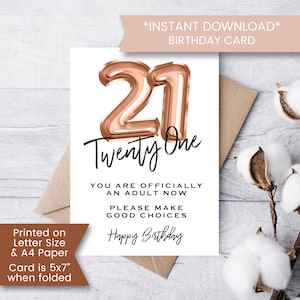 Carte d'anniversaire amusante à imprimer pour elle, nièce, fille, anniversaire, carte-cadeau, officiellement adulte, 21 ans, instantanée, numérique