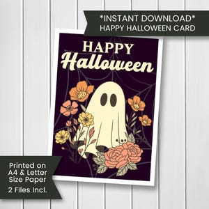 Carte imprimable Halloween, carte Happy Halloween imprimable, carte Happy Halloween, carte fantôme, assez floral, imprimable, numérique, téléchargement