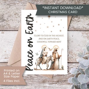 Tarjeta de la Natividad para imprimir, tarjeta de Navidad cristiana, Paz en la Tierra, tarjeta de Navidad religiosa, Escritura, descarga digital instantánea