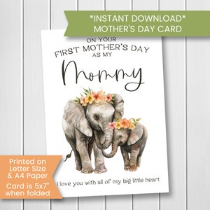 Primeiro cartão de dia das mães do bebê para impressão 1º cartão de dia das mães, cartão de dia das mães do bebê elefante, para impressão, download digital