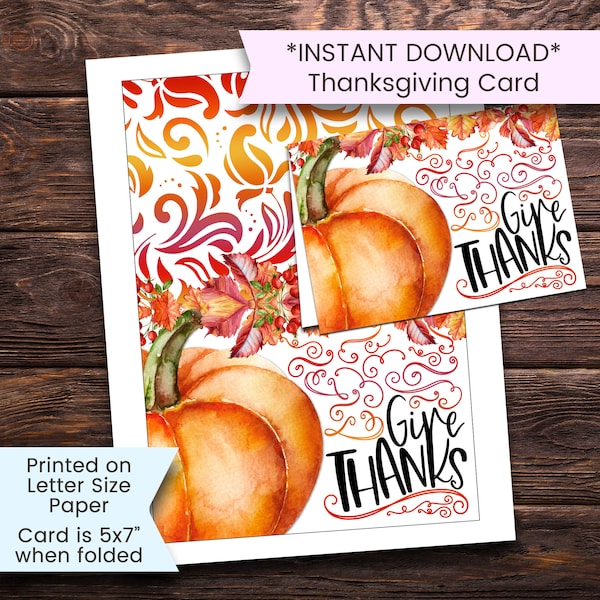 Printable Thanksgiving Card, Happy Thanksgiving Card, Thanksgiving Card, Pumpkin Card, Watercolor, Printable, Digital, Download