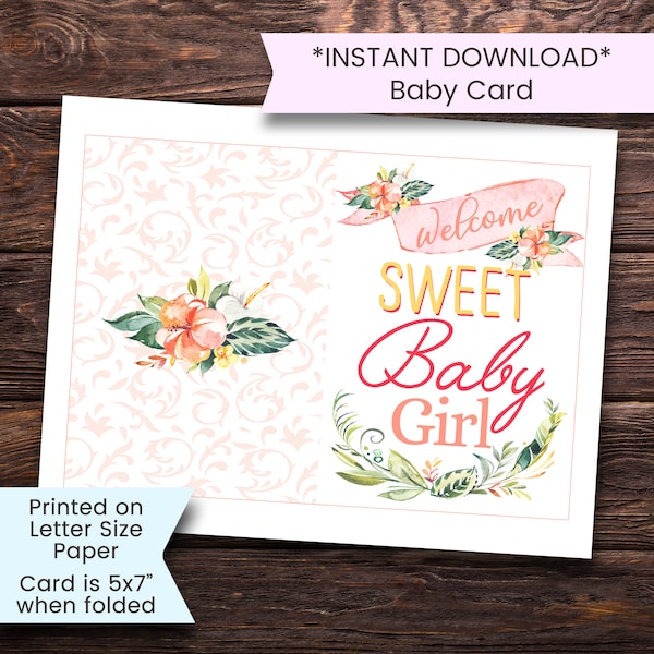 New Baby Card Girl, Printable New Baby Girl Card, New Baby, Welcome Baby Card, Congratulations, Girl, Floral, Printable, Digital, Download