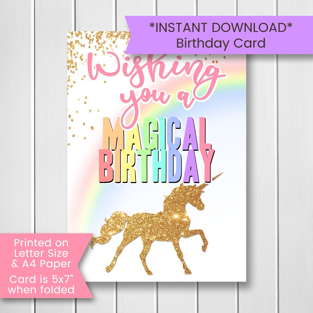 Rainbow Unicorn Birthday Card Printable Magical Birthday Card, for ...