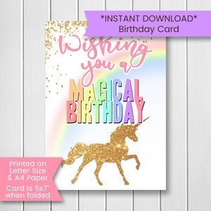 Cartão de aniversário de unicórnio arco-íris para impressão Cartão de aniversário mágico, para amigo, para menina, para filha, cartão de unicórnio, para impressão, download digital