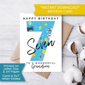 7e carte d'anniversaire imprimable pour petit-fils, carte d'anniversaire de jeu vidéo, carte de septième anniversaire pour anniversaire d'enfant, garçon, instantanée, numérique