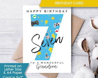 May include: A printable birthday card for a 7-year-old grandson. The card features a blue number 7 with a video game theme and the text "Happy Birthday Seven to a Wonderful Grandson".