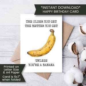Lustiger Witz Geburtstagskarte für Mama, Papa, druckbare alte Bananen Geburtstagskarte für Frau, Mann, lustige Karte für den besten Freund, digitaler Download