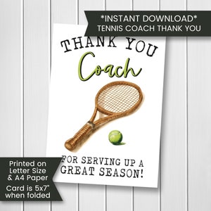 Carte de remerciement tennis imprimable, carte de remerciement pour entraîneur de tennis, carte de tennis pour entraîneur carte de remerciement pour elle, téléchargement numérique, instantané