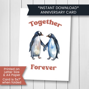 Tarjeta de aniversario de pingüino imprimible para esposa, linda tarjeta de aniversario para esposo, para novia, para novio, instantánea, digital, descarga