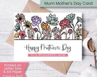May include: A white Mother's Day card with a floral border in pink, yellow, orange, purple, and green. The card reads "Happy Mother's Day" and "To a Wonderful Mum." The card is 5x7 inches when folded.