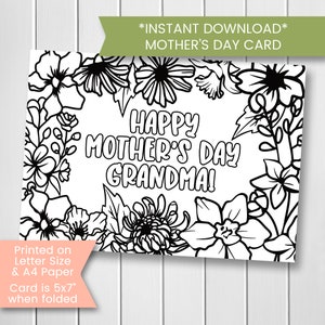 Coloring Mother&#39;s Day Card for Grandma, Printable Coloring Flowers Mother&#39;s Day Card Craft, Floral Card, Coloring Craft for Kids, Digital