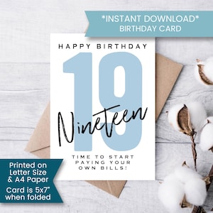 Imprimable carte d'anniversaire drôle 19e pour fils, dix-neuvième carte d'anniversaire pour neveu, dix-neuf carte pour petit-fils, 19 ans, téléchargement immédiat, numérique