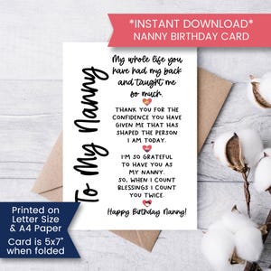 Carte d'anniversaire imprimable pour nounou, carte d'anniversaire pour la meilleure nounou, carte de nounou de petit-enfant, anniversaire de grand-mère de remerciement, instantané, numérique