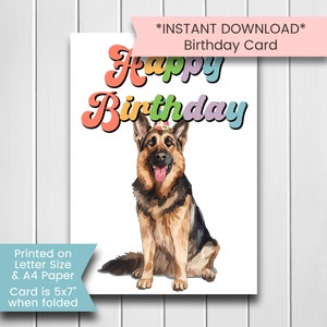 Carte d'anniversaire berger allemand, carte d'anniversaire chien imprimable, carte d'anniversaire GSD, carte de joyeux anniversaire berger, amoureux des chiens, imprimable, numérique