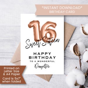 Sweet 16 Geburtstagskarte für Tochter, druckbare Sweet 16 Geburtstagskarte, Sweet sechzehn Geburtstagskarte, sechzehnter Geburtstagskarte, Folienballon, Instant Download, digital