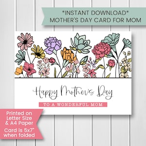 Carte de fête des mères imprimable, carte de fête des mères pour maman, carte de fleurs sauvages, carte florale de fille, de fils, imprimable, téléchargement numérique