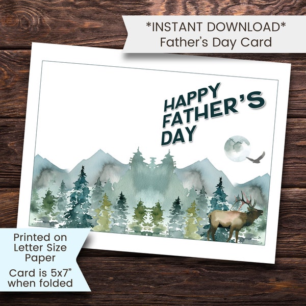 Father's Day Card, Mountains, Deer Father's Day Card, Nature, Watercolor, Elk, Forest, Fathers Day, Printable, Digital, Download