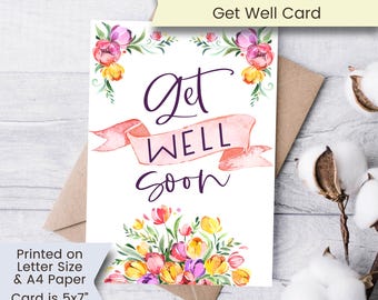 Printable Get Well Card, Floral Get Well Card, Get Well Card, Get Well Soon Card, Get Well Soon, Watercolor, Printable, Digital, Cottagecore