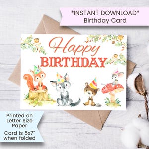 Printable Forest Birthday Card for Child, Forest Animal Birthday Card for Kid, Woodland Animals, Mushroom, Boho, Instant Download, Digital