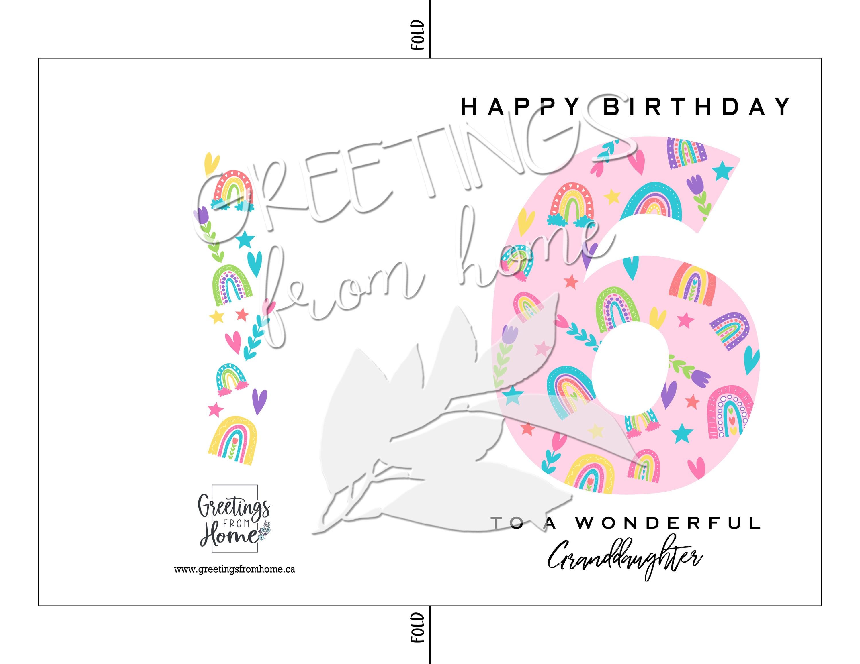 Printable 6th Birthday Card for Granddaughter, Rainbow Birthday Card ...