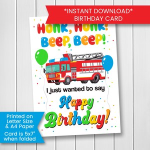 Verjaardagskaart brandweerwagen voor peuter, afdrukbare verjaardagskaart brandweerwagen voor jongen, voor kinderen verjaardag, voor kind, afdrukbare download