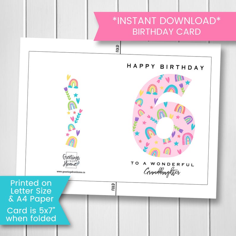 Printable 6th Birthday Card for Granddaughter, Rainbow Birthday Card ...