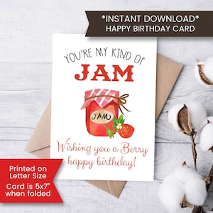 Printable Strawberry Birthday Card for Her, Jam Birthday Card for Friend, You&#39;re My Kind of Jam Birthday Card, Instant Download, Digital