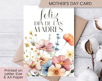 Feliz Dia De Las Madres Card, Printable Wildflower Mothers Day Card, Spanish Mother's Day Card, Digital Download