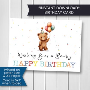 Carte d'anniversaire ours en peluche imprimable, pour tout-petit, pour fils, pour garçon, joyeux anniversaire Beary, imprimable, numérique, téléchargement