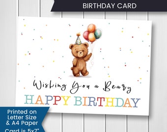 Teddy Bear Birthday Card Printable Bear Birthday Card, For Toddler, For Son, for Boy, Beary Happy Birthday, Printable, Digital, Download