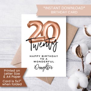 Cartão de aniversário de 20 anos para filha, cartão de aniversário de 20 anos para filha, da mãe, do pai, cartão de vigésimo aniversário, download instantâneo, digital