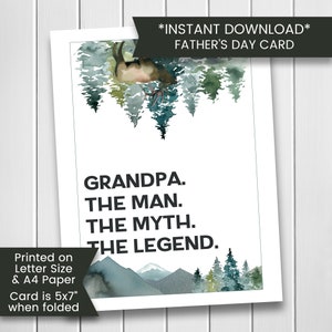 Carte de fête des pères pour grand-père, grand-père, grand-père, l'homme, le mythe, la légende, nature, montagnes, forêt, imprimable, numérique, téléchargement