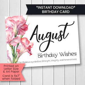Carte d'anniversaire fleur de naissance août pour elle, carte fleur de naissance imprimable pour maman, carte fleur de naissance août glaïeul, soeur, téléchargement numérique