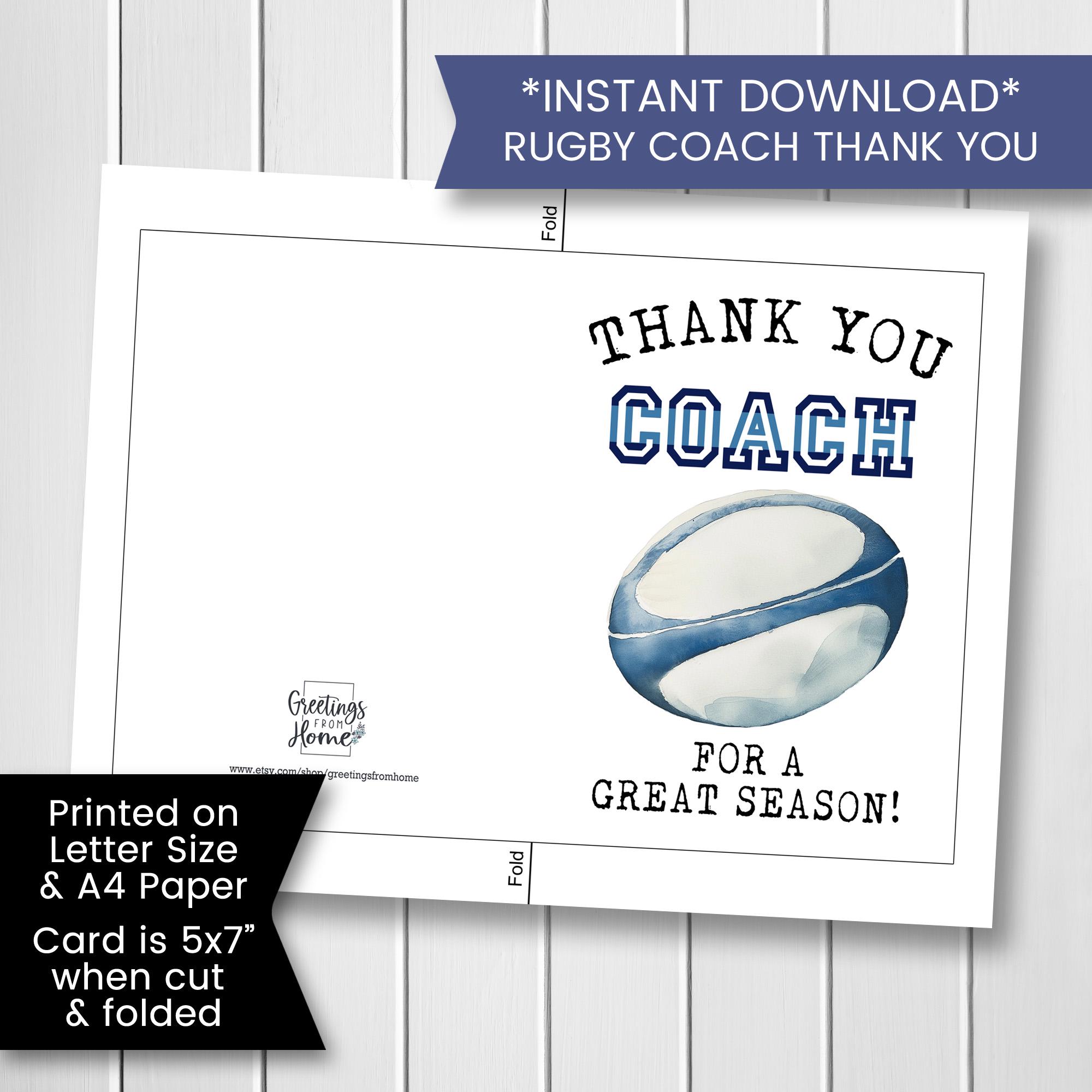 Thanks Coach Rugby Printable Rugby Coach Thank You Card, Thank You for Rugby Coach ...