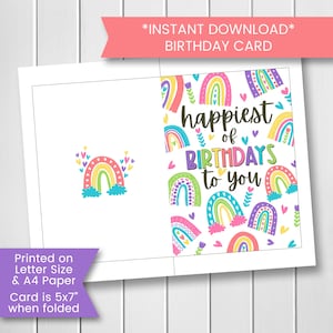 Regenboogverjaardagskaart voor meisje afdrukbaar, regenboogkaart voor kinderen verjaardag, boho regenboogkaart, snelle verjaardagskaart voor haar, digitale download
