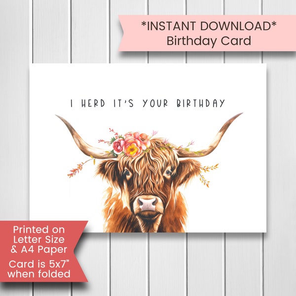 Highland Cow Birthday Card, Birthday Card with Cow, Printable Highland Cow Birthday Card, Highland Cattle Coos, Printable, Digital, Download