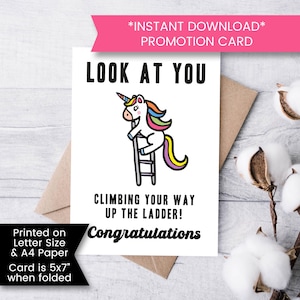 Grappige promotiekaart voor haar, afdrukbare kaart voor collega, baankaart beklimmen, grappige eenhoorn-wenskaart, digitale download