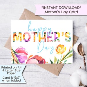 Mother&#39;s Day Card Printable, Mothers Day Card, Mother&#39;s Day Greeting Card, Floral, Watercolor, Instant Download, Digital, Download