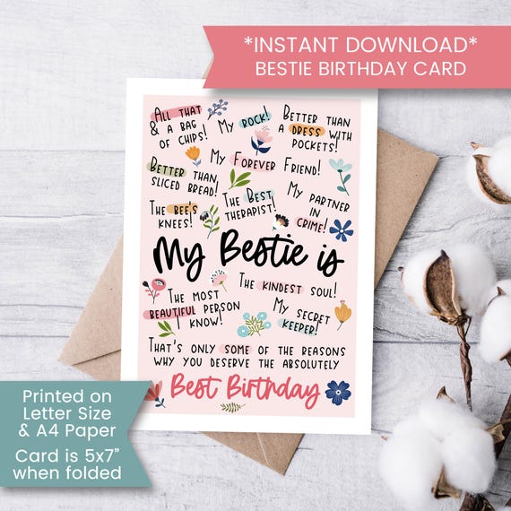 Printable Bestie Birthday Card, Birthday Card for Best Friend, Birthday Card for Her, Birthday Card for Bestie, Bestie Affirmations, Digital