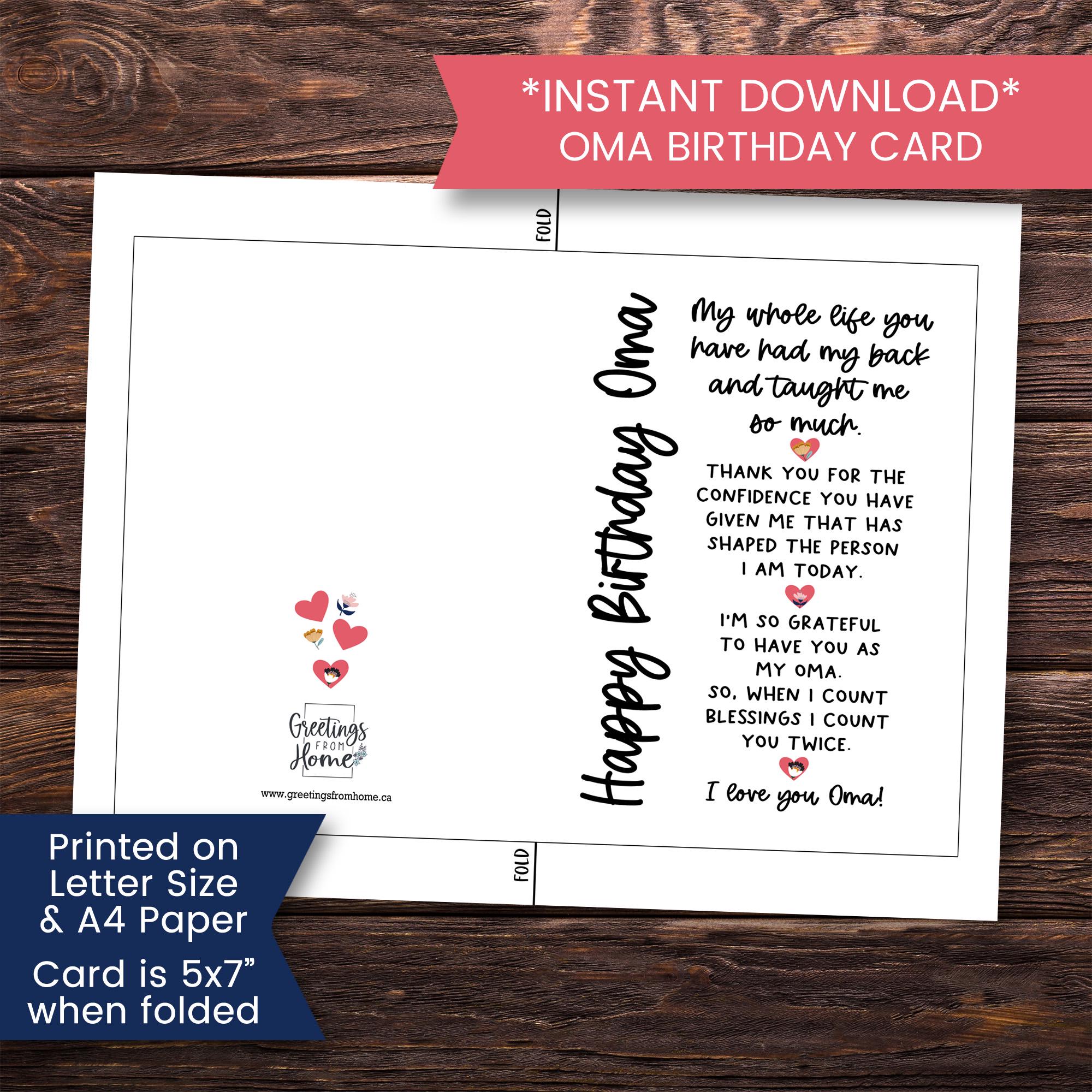 Printable Birthday Card for Oma, Birthday Card for Oma From Grandchild ...
