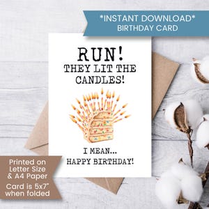 Cartão de aniversário engraçado para impressão para o marido, Run They Lit The Candles Cartão de aniversário para a esposa, Envelhecendo para o amigo Download instantâneo, Digital