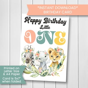 Lion First Birthday Card, Printable Baby Safari Animal Birthday Card, 1st Birthday Card, Little One, Happy Birthday Card, Printable, Digital