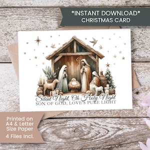 Druckbare Krippe Weihnachtskarte, christliche Weihnachtskarte, Stille Nacht, Heilige Nacht, religiöse Karte, Schrift, Sofortiger, digitaler Download