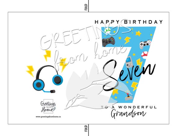 Biglietto Di Auguri Per Nipote Di 7 Anni – Design Gaming Con Manopola E Fiamme, Interno Bianco Per Messaggio Personale, #1764