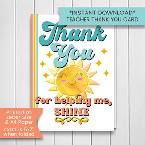 Printable Teacher Thank You Card from Student, Appreciation Card, Thank You For Helping Me Shine, Teacher Card, Instant Download, Digital