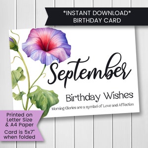 Carte d'anniversaire fleur de naissance de septembre pour elle, carte de fleur de naissance imprimable pour maman, carte de fleur de naissance de gloire du matin, téléchargement numérique de grand-mère