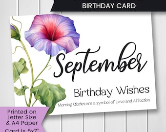 Printable September Birth Flower Birthday Card for Grandma, Birth Flower Card for Mom, Morning Glory Card, Instant Download, Digital File