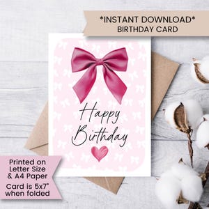 Printable Bow Birthday Card for Her, Coquette Birthday Card For Teenager, For Girl, Card for Daughter, Instant Download, Digital Card